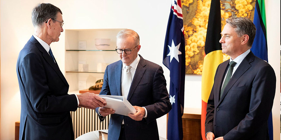 Image: Angus Houston hands Prime Minister Albanese the Defence Strategic Review Source: Defence Images at images.defence.gov.au.