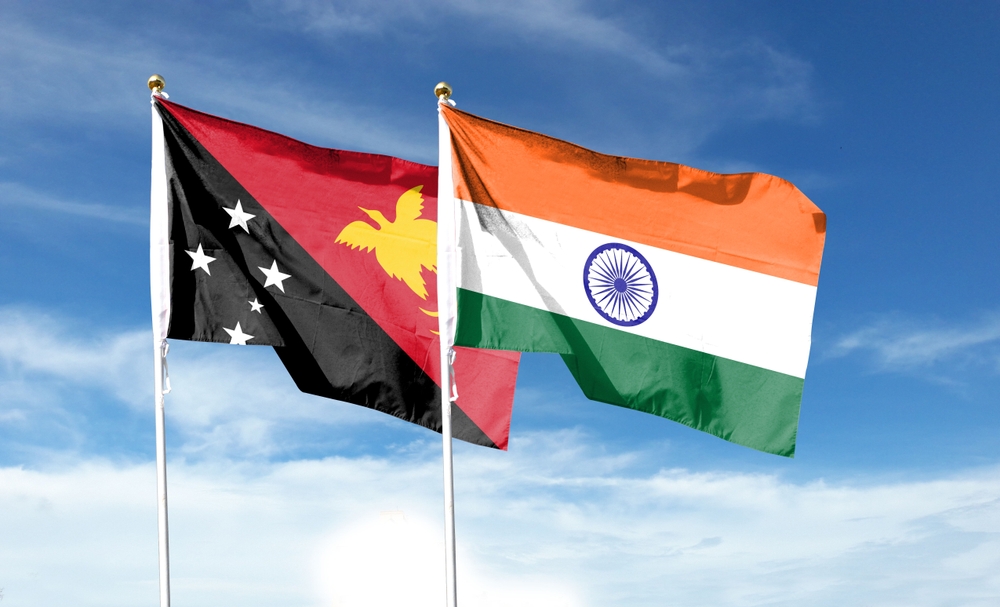 Indian,Flag,And,Papua,New,Guinea,Flag,On,Cloudy,Sky. Indian and PNG flags