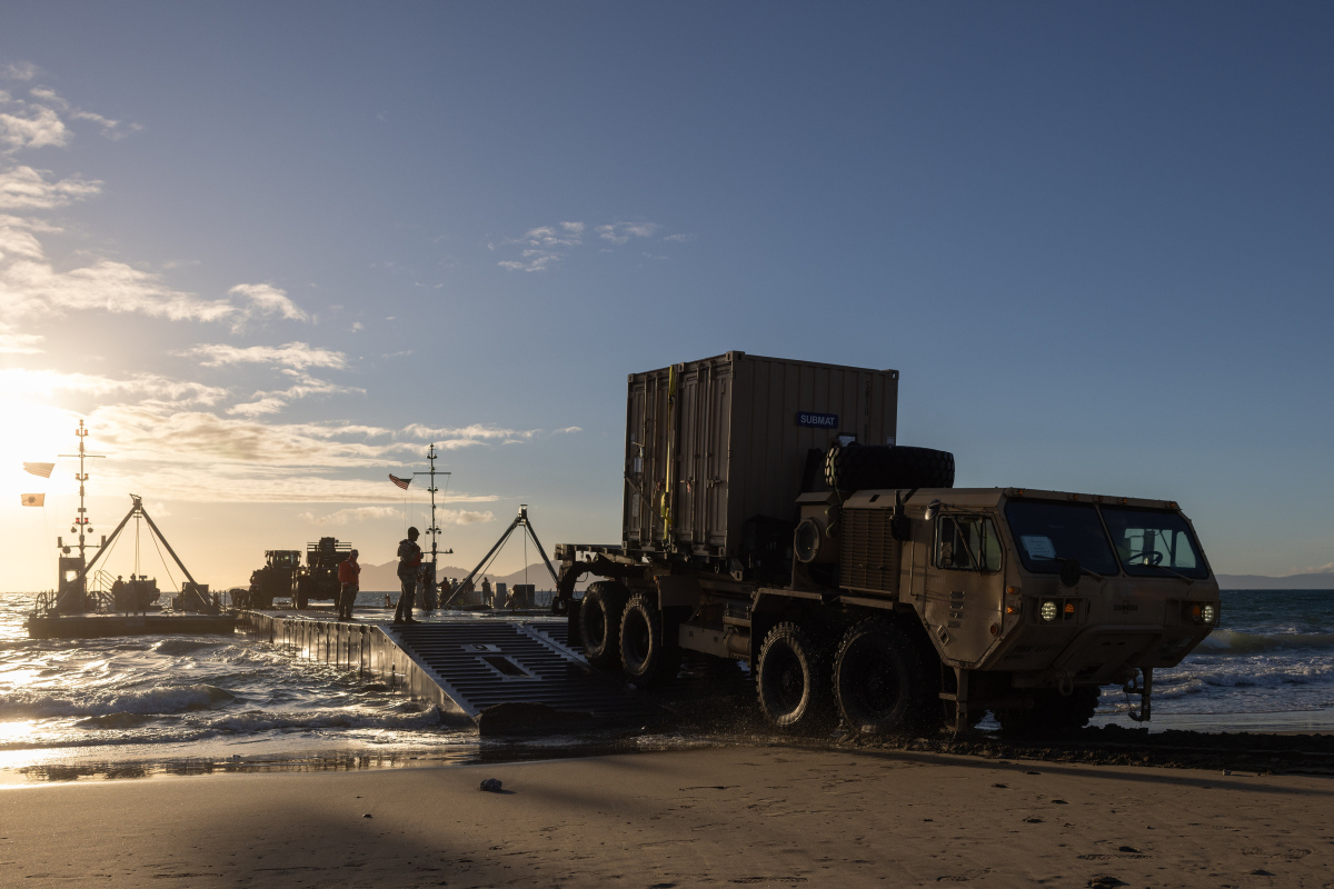 Exercise Talisman Sabre 23 US military vehicles use a floating pier in Talisman Sabre