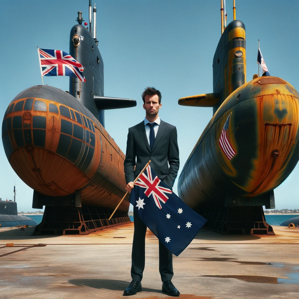 DALL·E 2023-12-07 16.09.01 – A man in a suit standing between two submarines, each with a different flag. On his left, a very rusty submarine with a UK flag, and on his right, a s AUKUS sub challenges