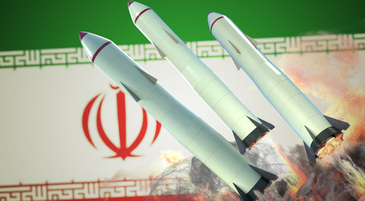 Launch of missiles. Iran flag in background.